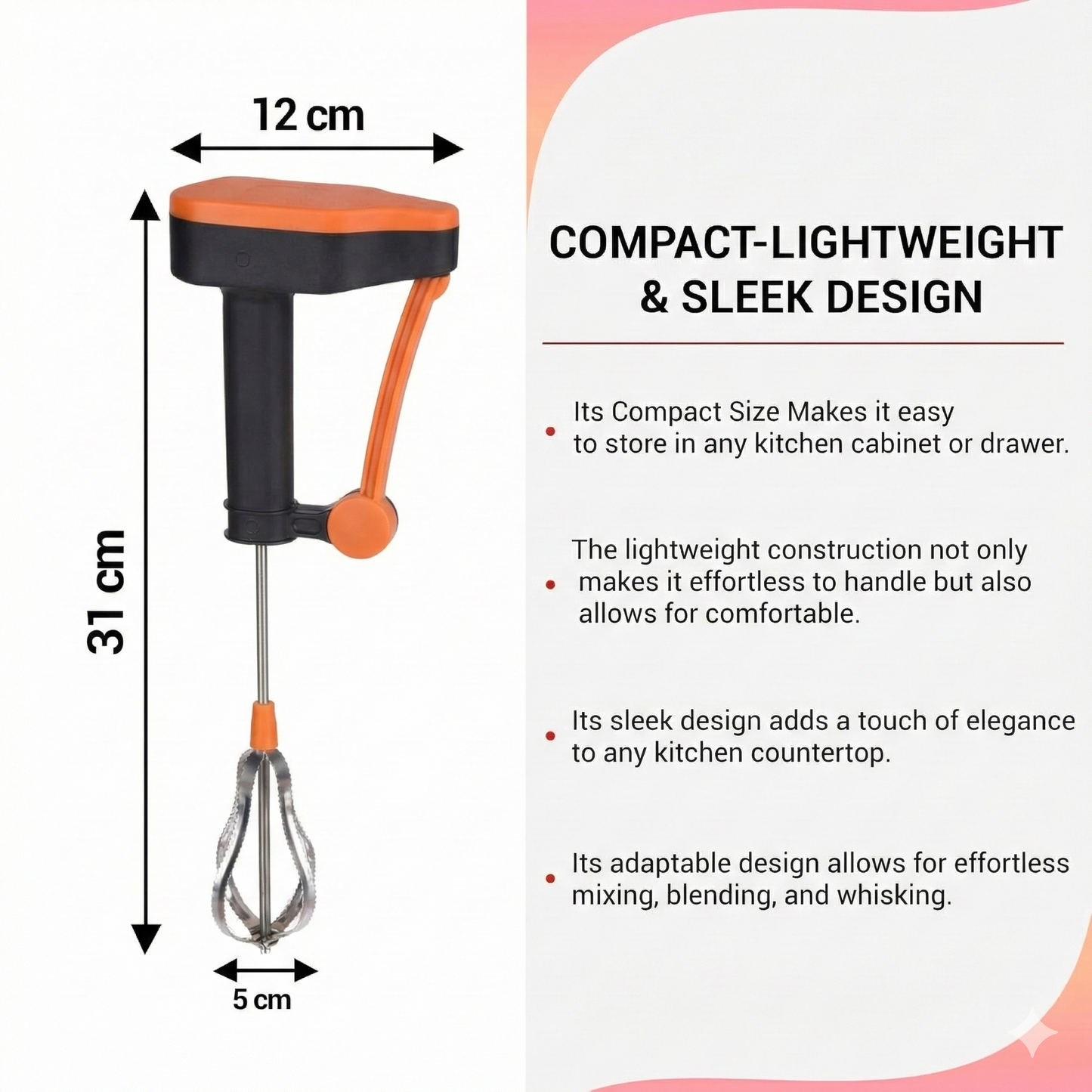 Power-Free Hand Blender – Manual Hand Operated Egg Beater & Food Mixer, Non-Electric Whisk for Kitchen Mixing & Baking (Pack of 1) Alternative SEO title: