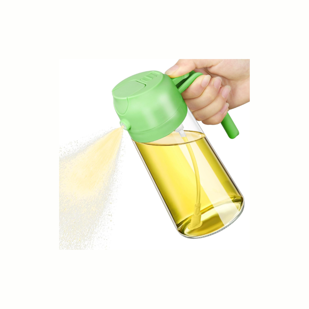 2-in-1 Oil Dispenser & Oil Sprayer Bottle 500ml – Premium Glass Oil Spray Bottle for Cooking, Air Fryer & Kitchen Use (Multicolour)