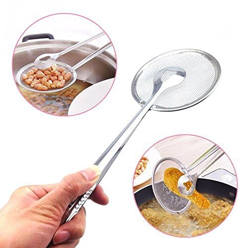Multi-Functional 2 in 1 Stainless Steel Fry Tool Filter Spoon Strainer with Clip, Oil Frying BBQ Filter Mesh Strainer (Silver)