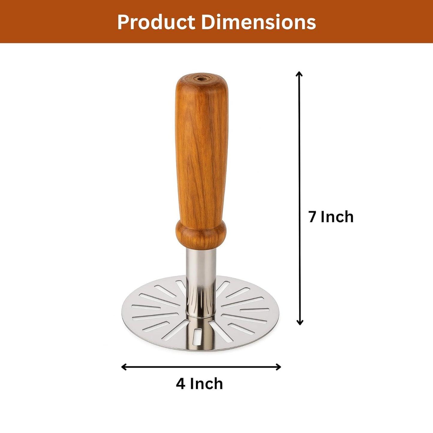 Stainless Steel Potato Masher with Wooden Handle – Heavy Duty Vegetable & Pav Bhaji Masher for Kitchen (Pack of 1)