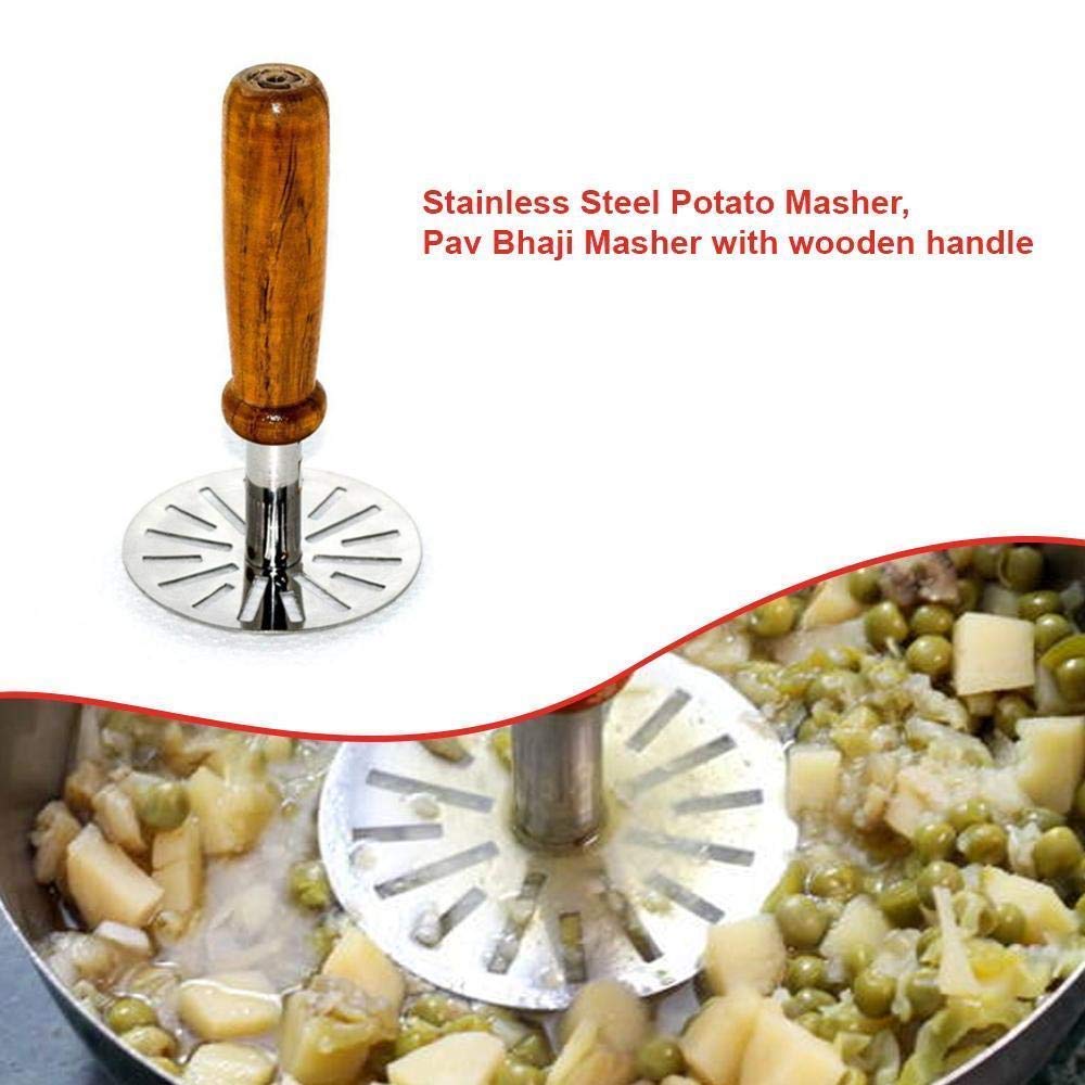 Stainless Steel Potato Masher with Wooden Handle – Heavy Duty Vegetable & Pav Bhaji Masher for Kitchen (Pack of 1)