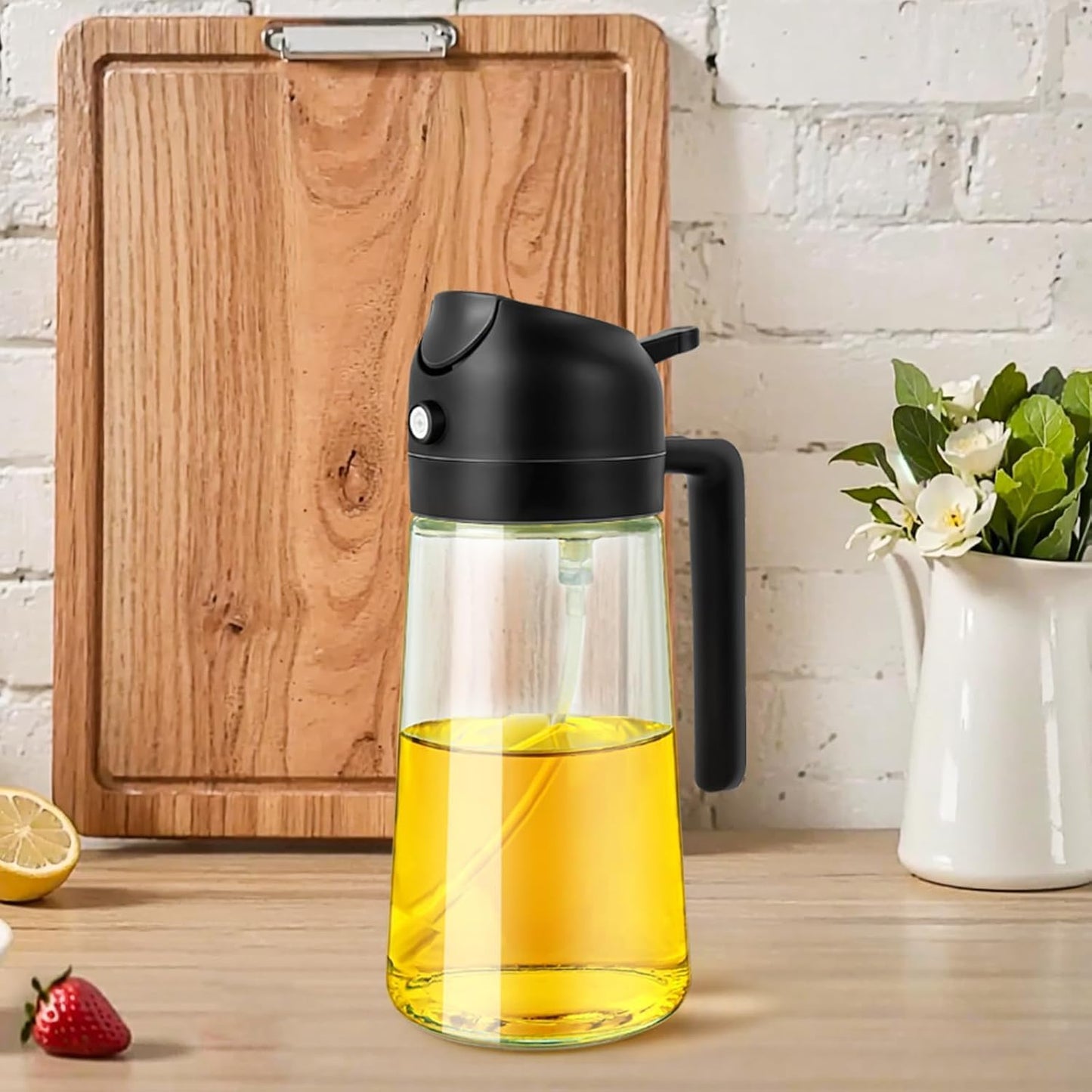 2-in-1 Oil Dispenser & Oil Sprayer Bottle 500ml – Premium Glass Oil Spray Bottle for Cooking, Air Fryer & Kitchen Use (Multicolour)