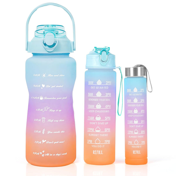 3-Piece Motivational Water Bottle Set (2L, 750ml & 300ml) – Leakproof, BPA-Free, Gradient Multicolor