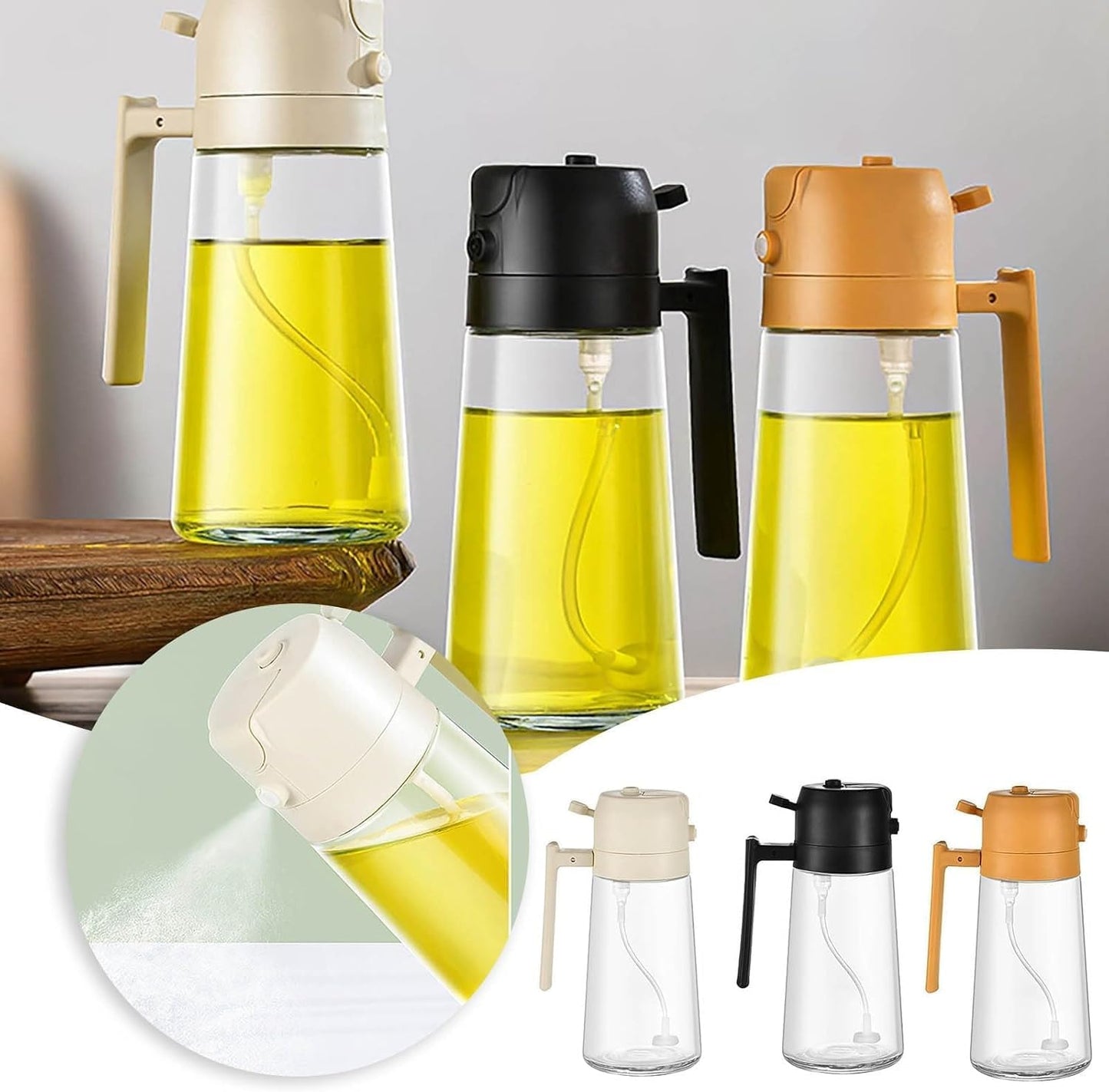 2-in-1 Oil Dispenser & Oil Sprayer Bottle 500ml – Premium Glass Oil Spray Bottle for Cooking, Air Fryer & Kitchen Use (Multicolour)