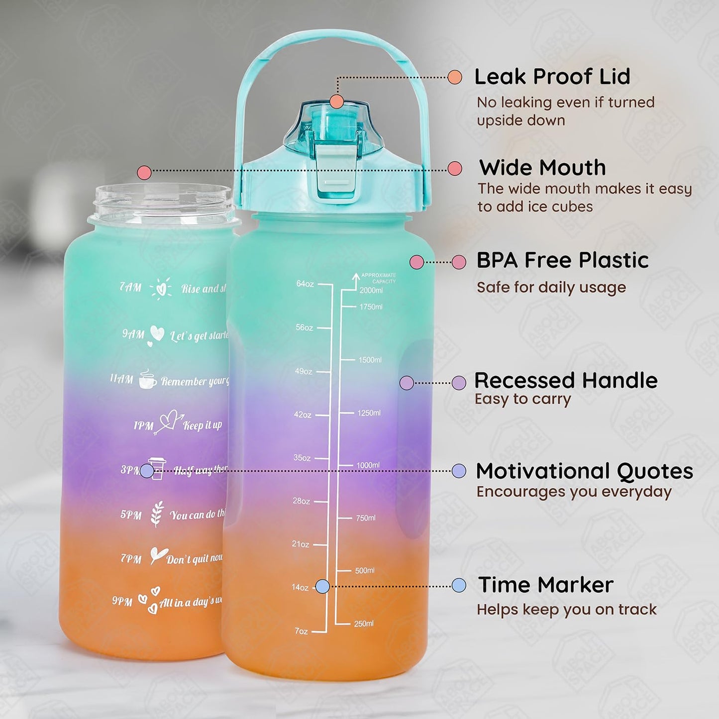 3-Piece Motivational Water Bottle Set (2L, 750ml & 300ml) – Leakproof, BPA-Free, Gradient Multicolor