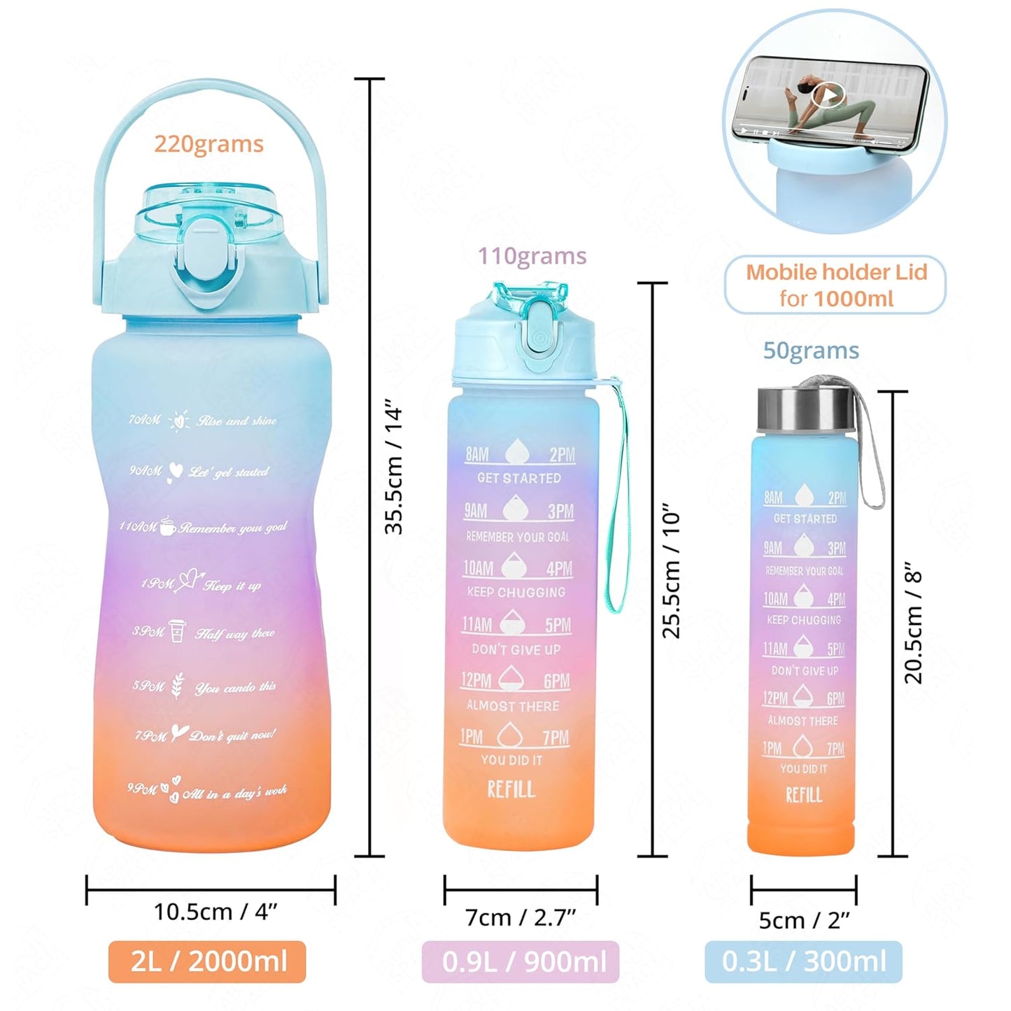 3-Piece Motivational Water Bottle Set (2L, 750ml & 300ml) – Leakproof, BPA-Free, Gradient Multicolor