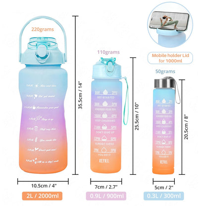 3-Piece Motivational Water Bottle Set (2L, 750ml & 300ml) – Leakproof, BPA-Free, Gradient Multicolor