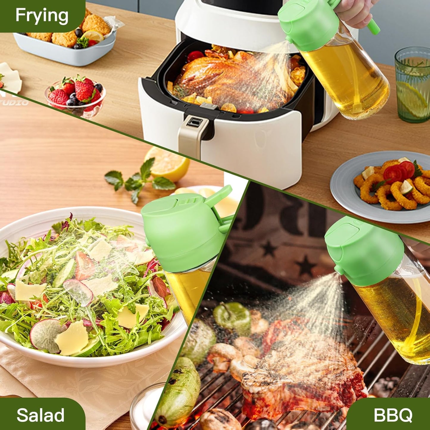 2-in-1 Oil Dispenser & Oil Sprayer Bottle 500ml – Premium Glass Oil Spray Bottle for Cooking, Air Fryer & Kitchen Use (Multicolour)