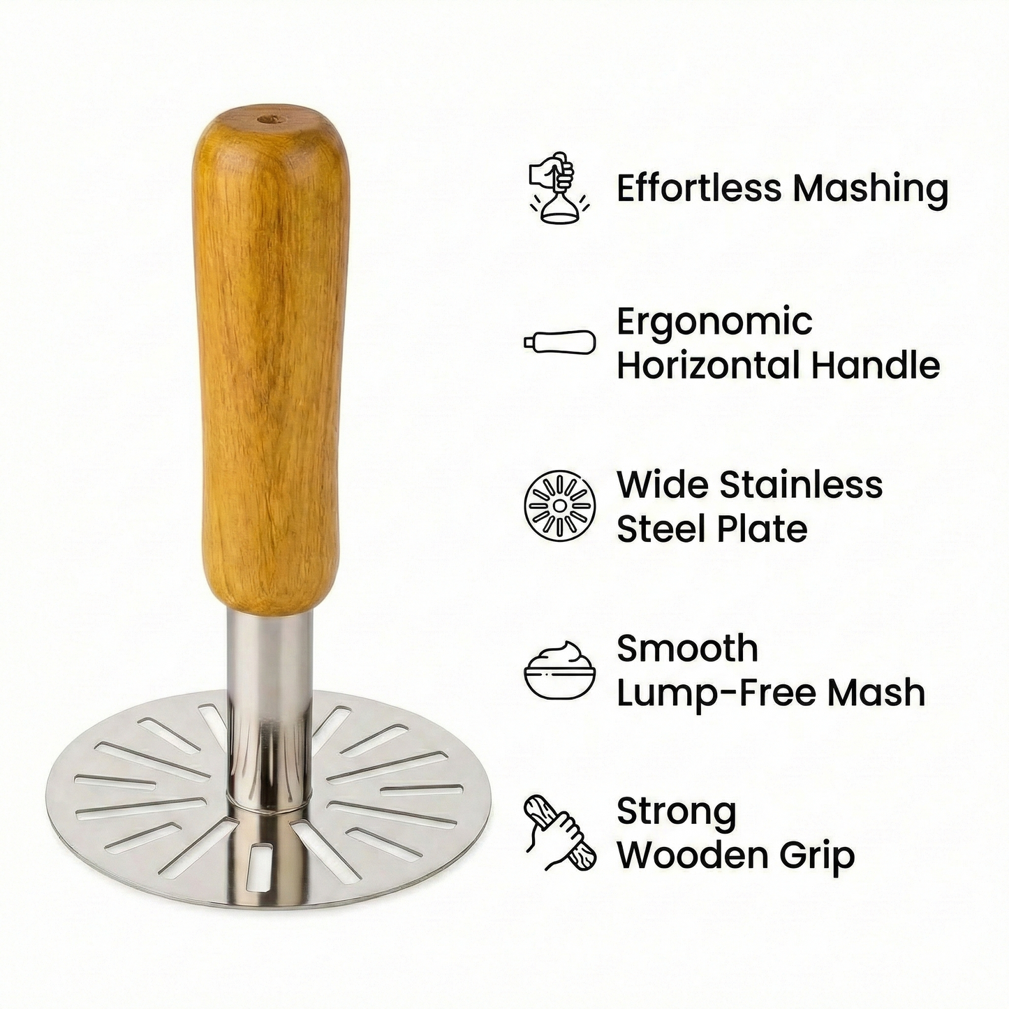 Stainless Steel Potato Masher with Wooden Handle – Heavy Duty Vegetable & Pav Bhaji Masher for Kitchen (Pack of 1)
